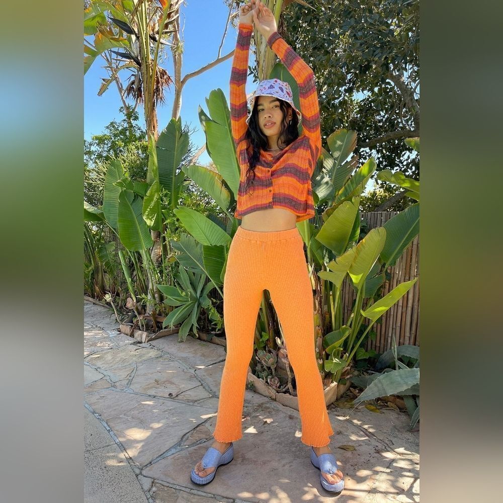 Lisa Says Gah Bec Ribbed Knit Flare Pants Orange